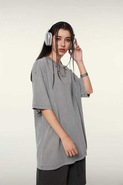 260GSM Unisex Heavyweight Re-Washed Distressed Crew Neck T-shirt Medium Grey