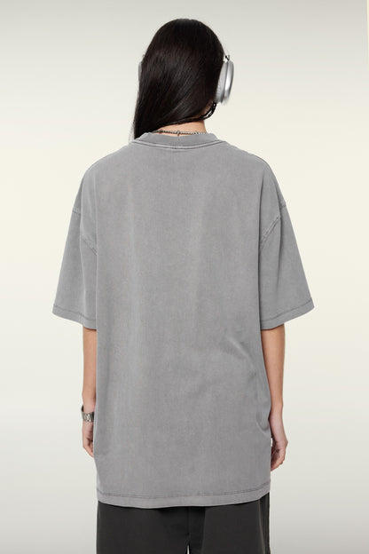 260GSM Unisex Heavyweight Re-Washed Distressed Crew Neck T-shirt Medium Grey