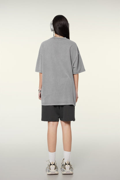 260GSM Unisex Heavyweight Re-Washed Distressed Crew Neck T-shirt Medium Grey
