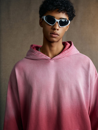 480GSM Unisex Monkey Wash Heavyweight French Terry Hoodie Vintage Faded Red