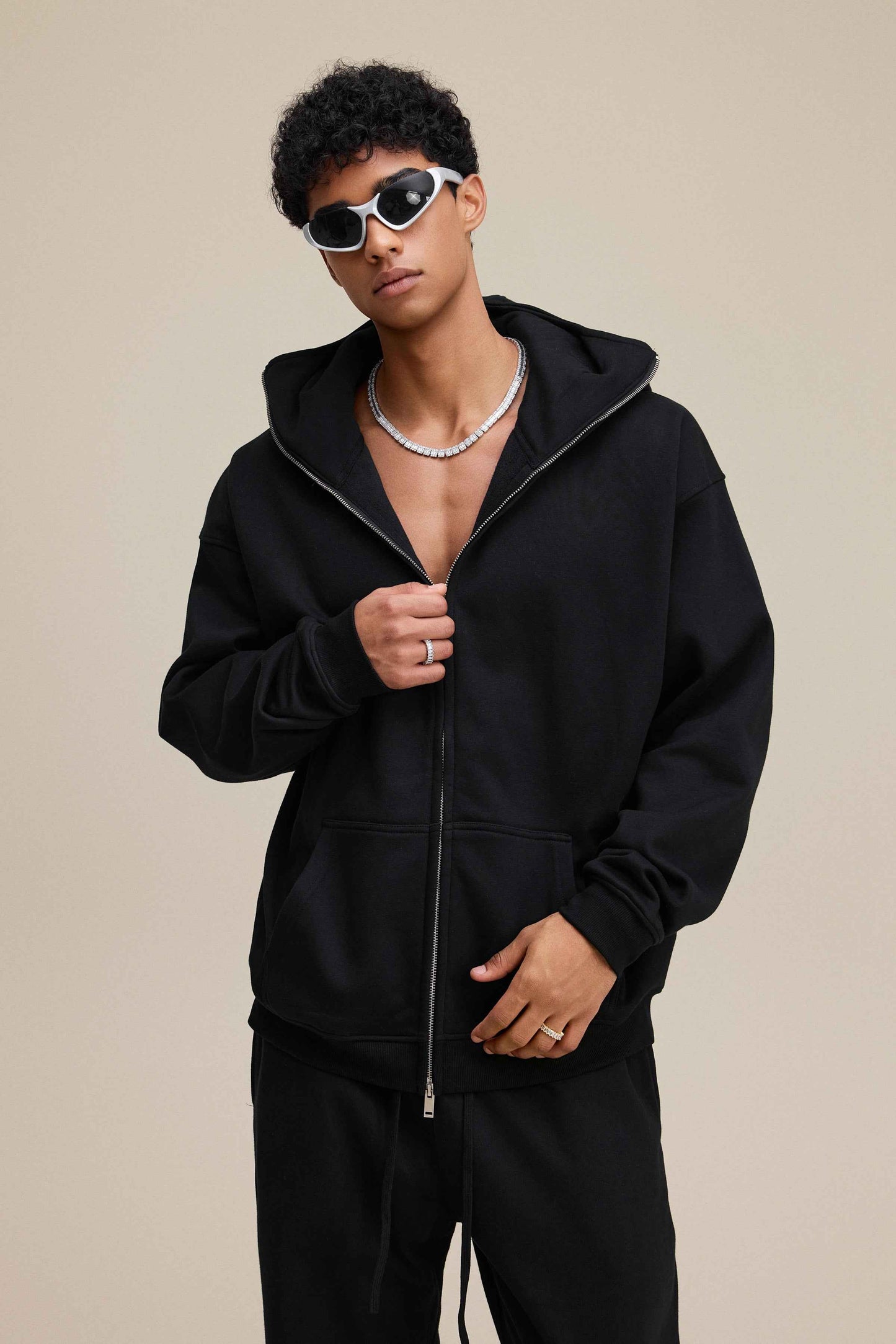340GSM Men's Trendy Fleece Zip-Up Windproof Face-Mask Hoodie