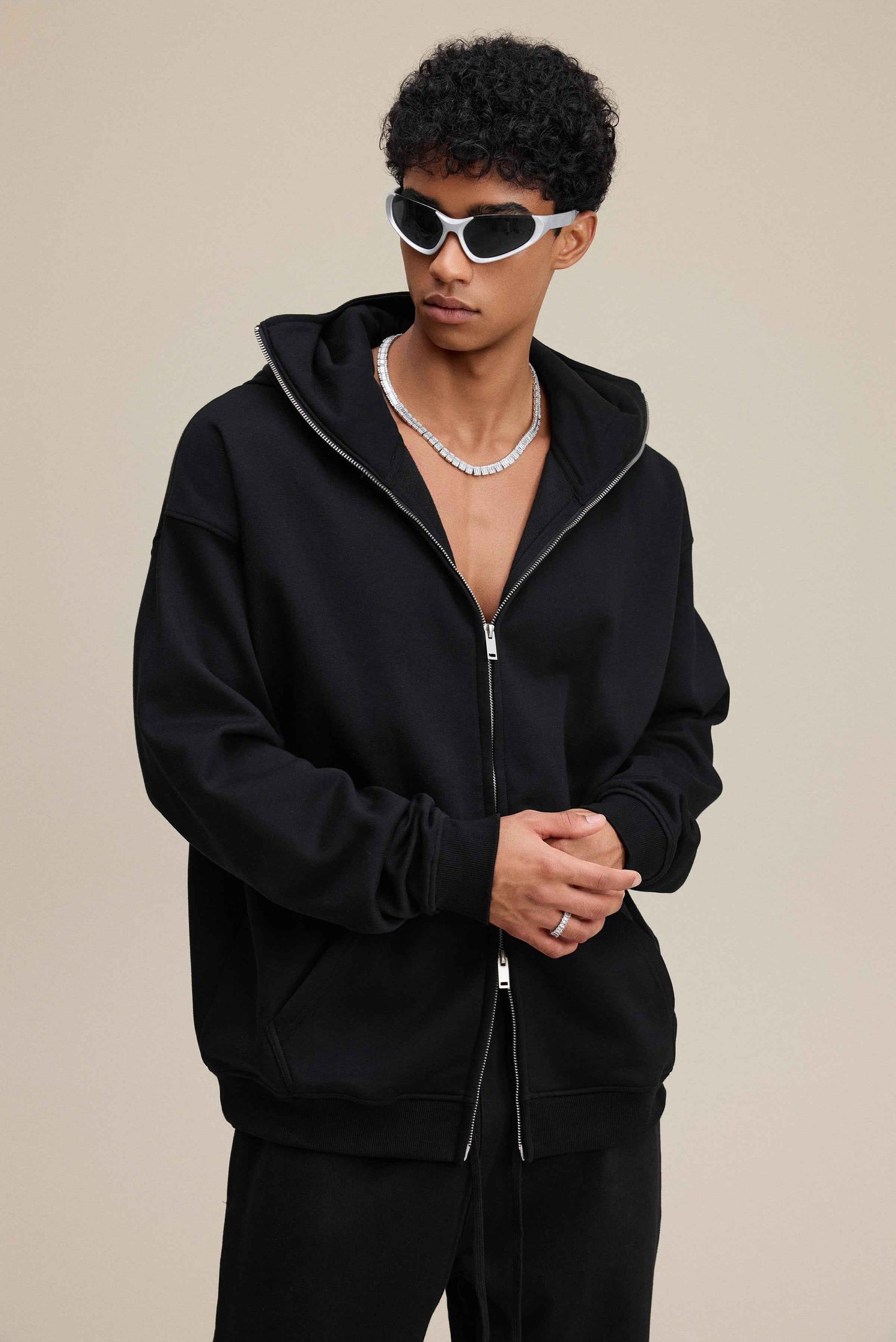 340GSM Men's Trendy Fleece Zip-Up Windproof Face-Mask Hoodie