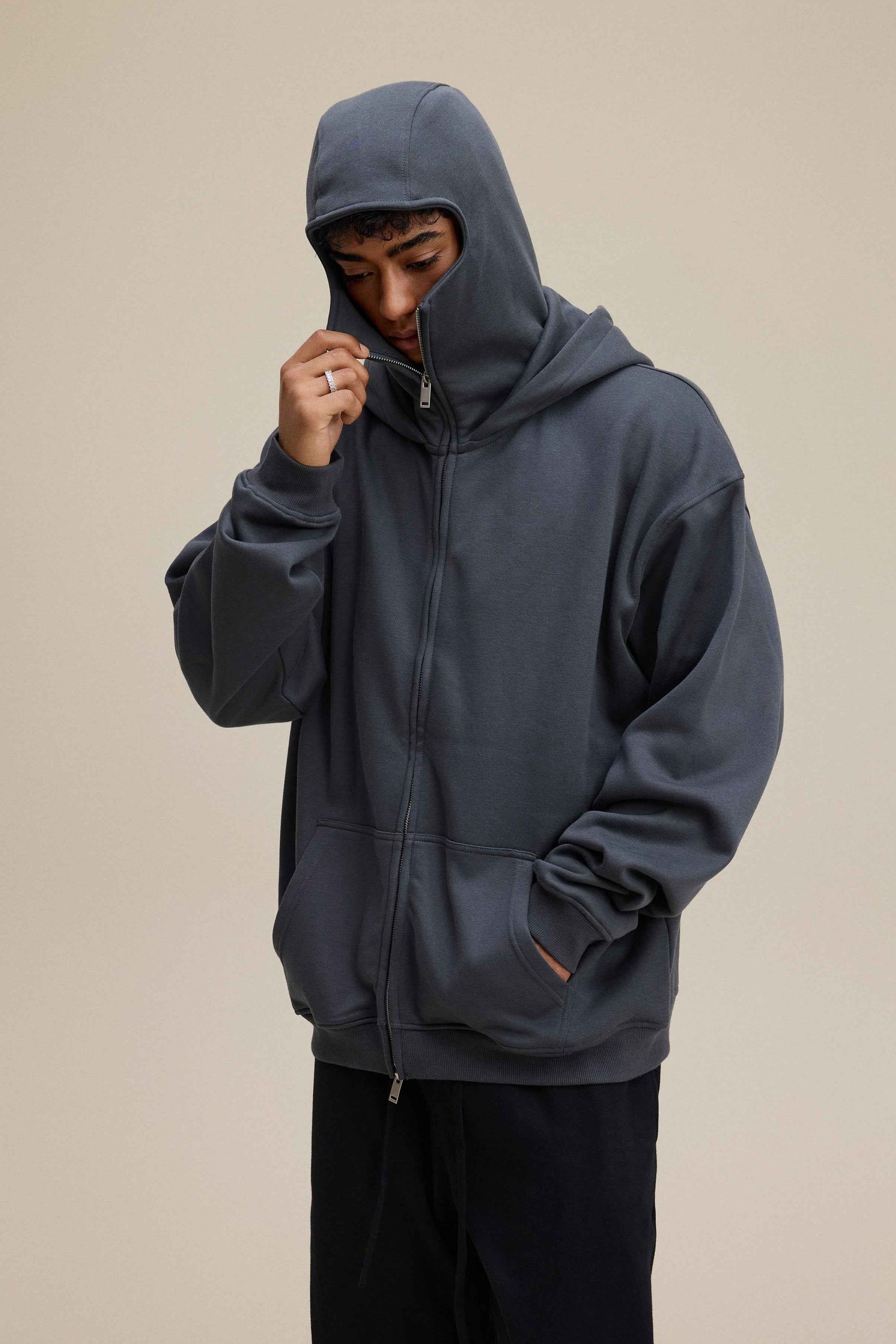 340GSM Men's Trendy Fleece Zip-Up Windproof Face-Mask Hoodie