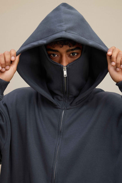 340GSM Men's Trendy Fleece Zip-Up Windproof Face-Mask Hoodie