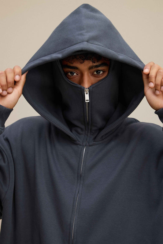 340GSM Men's Trendy Fleece Zip-Up Windproof Face-Mask Hoodie