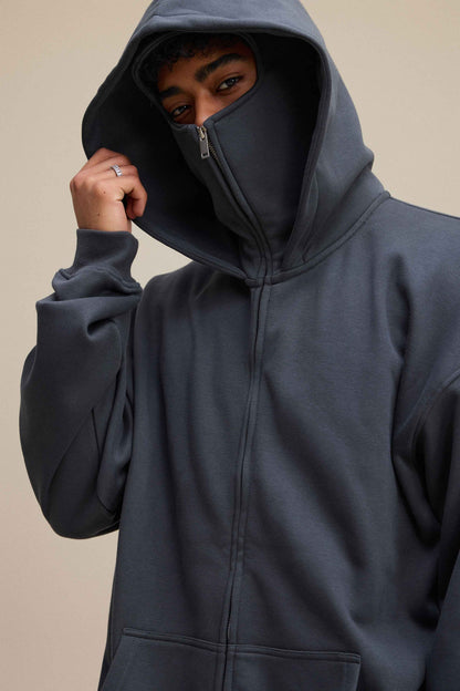 340GSM Men's Trendy Fleece Zip-Up Windproof Face-Mask Hoodie