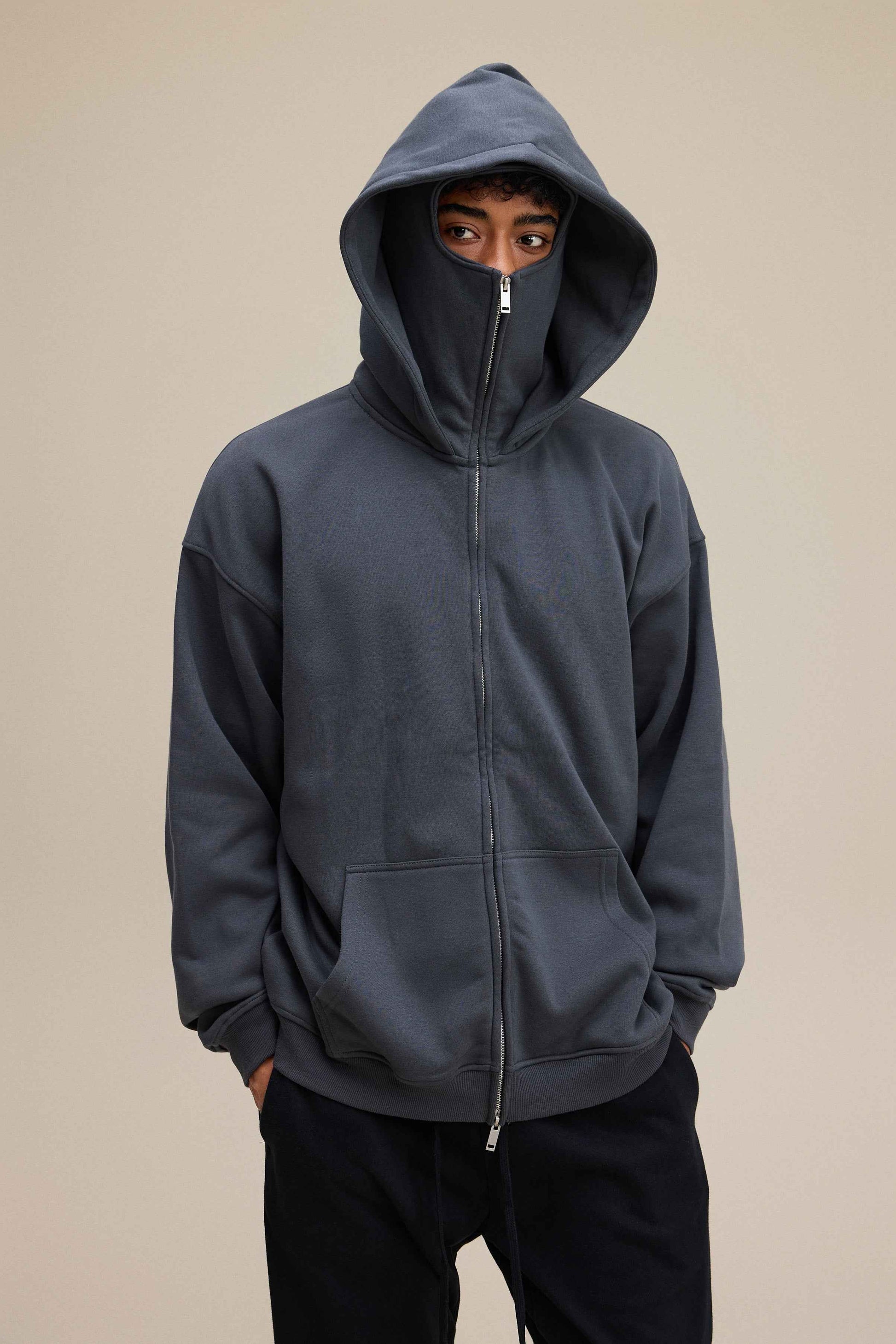 340GSM Men's Trendy Fleece Zip-Up Windproof Face-Mask Hoodie