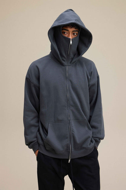 340GSM Men's Trendy Fleece Zip-Up Windproof Face-Mask Hoodie