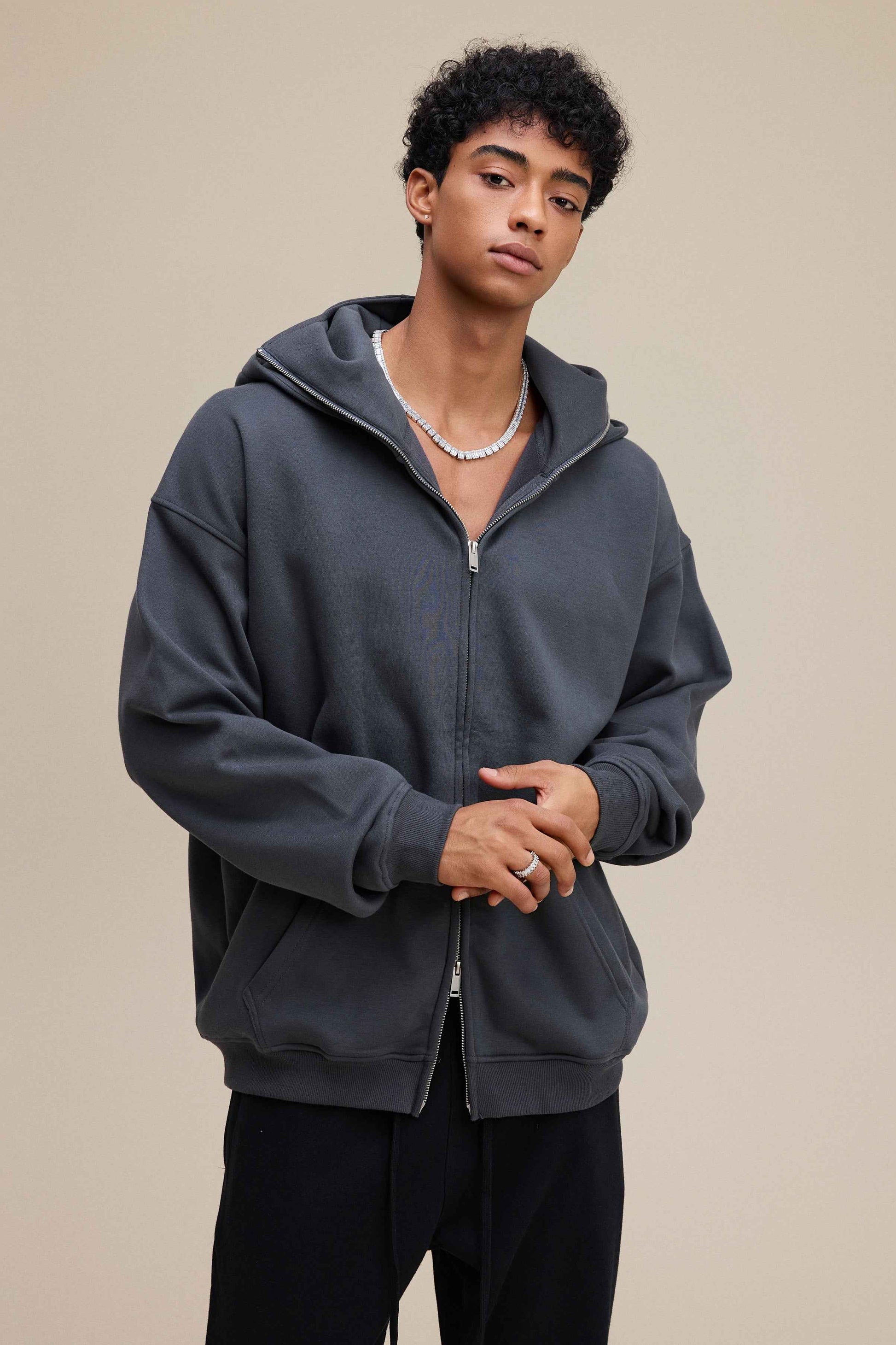 340GSM Men's Trendy Fleece Zip-Up Windproof Face-Mask Hoodie