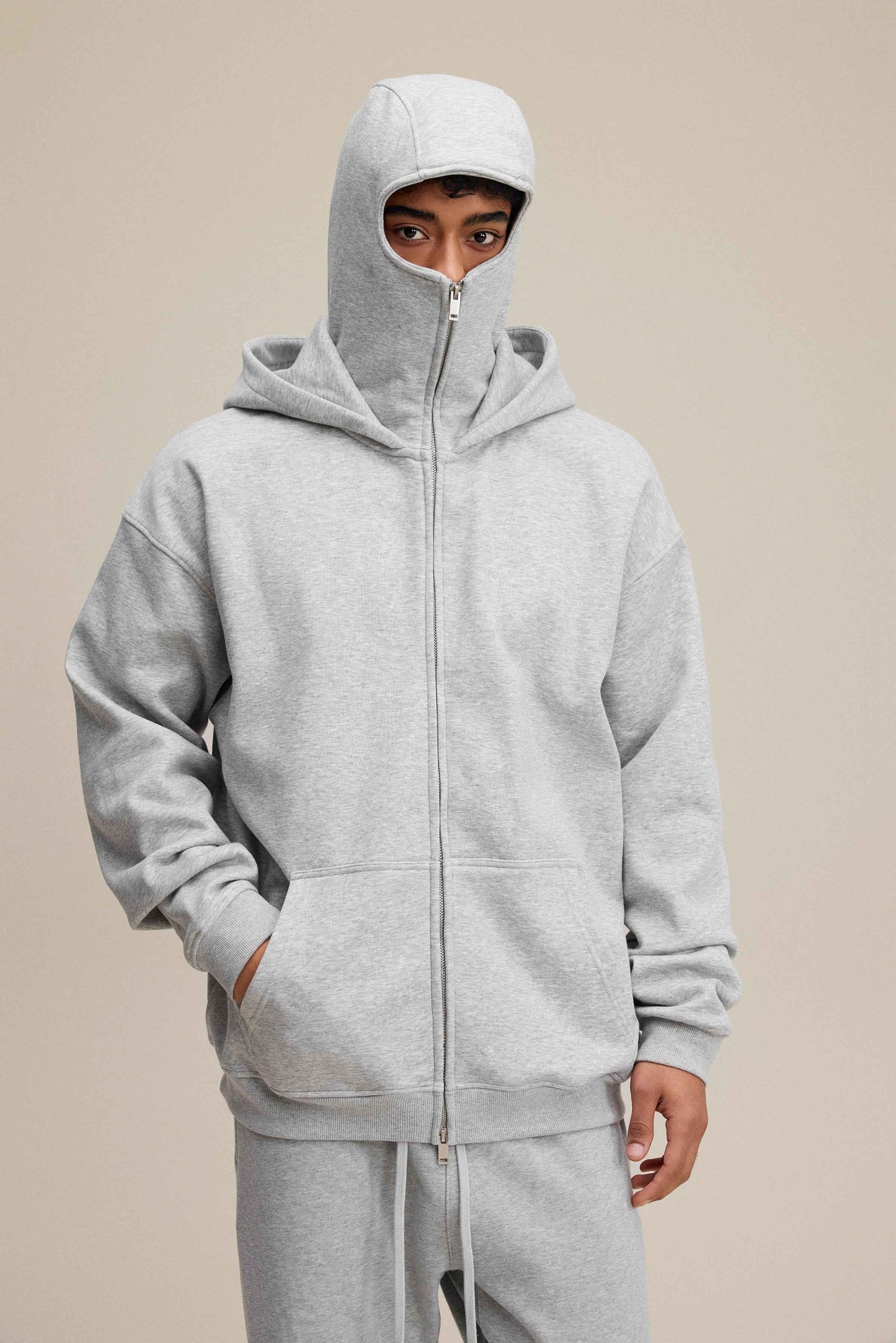 340GSM Men's Trendy Fleece Zip-Up Windproof Face-Mask Hoodie