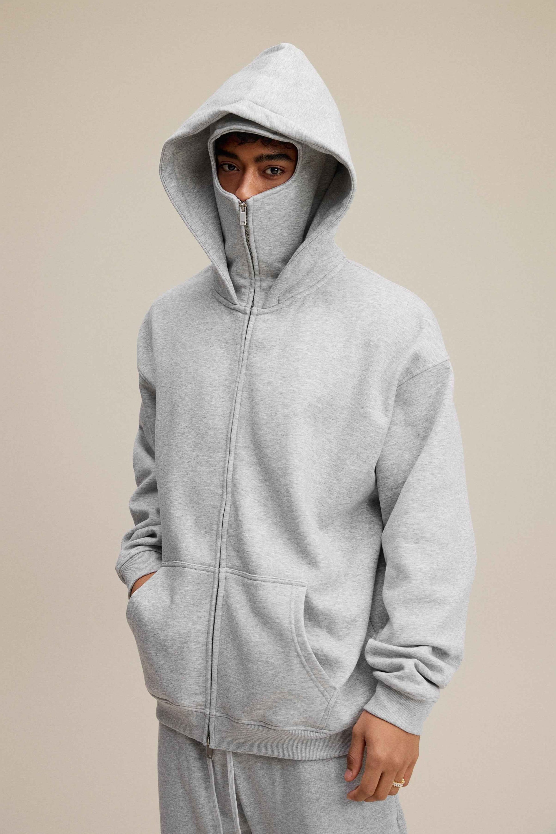 340GSM Men's Trendy Fleece Zip-Up Windproof Face-Mask Hoodie
