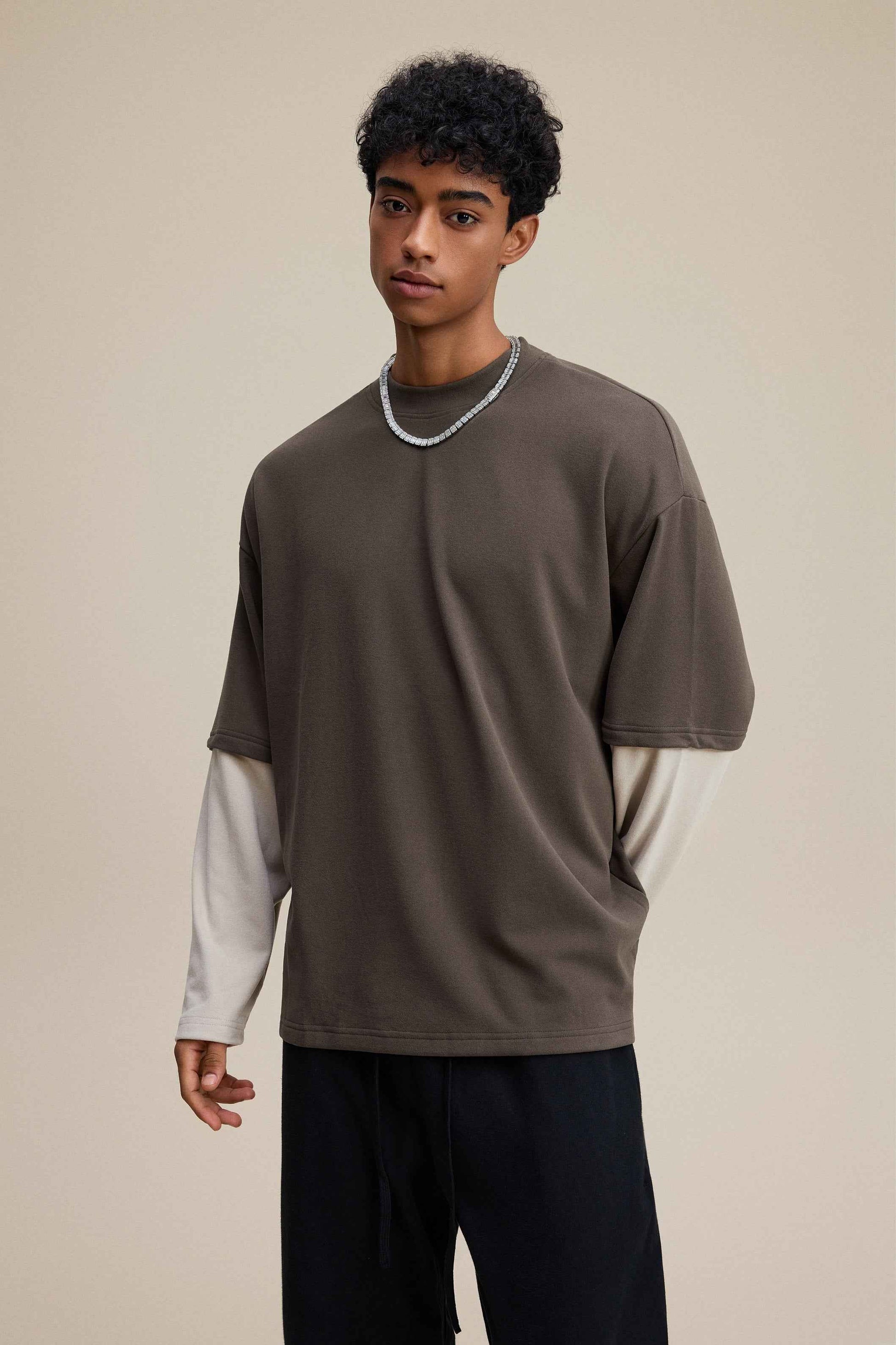 320GSM Unisex Faux Layered Solid Color Base Layer Long-Sleeve Tee
