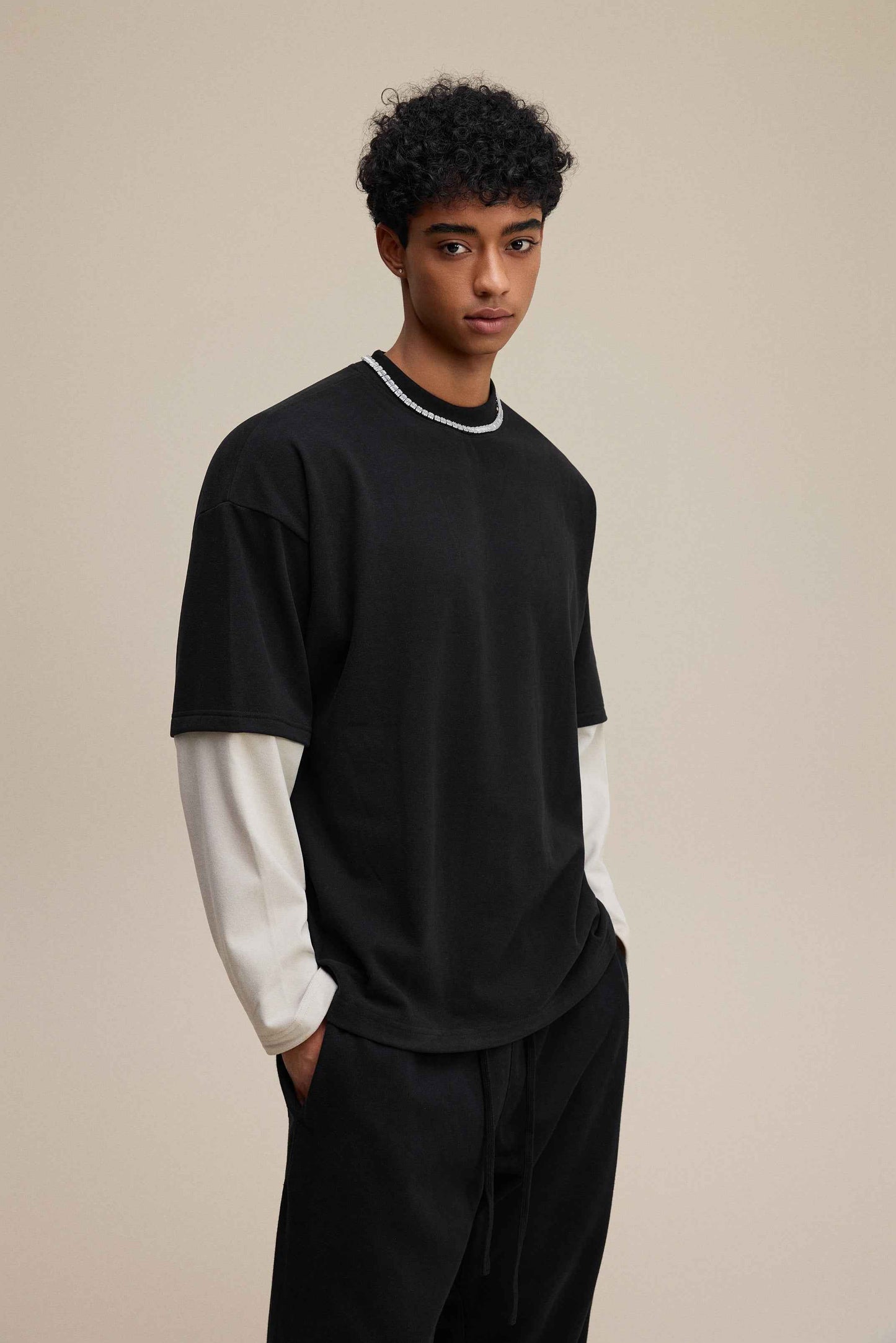 320GSM Unisex Faux Layered Solid Color Base Layer Long-Sleeve Tee