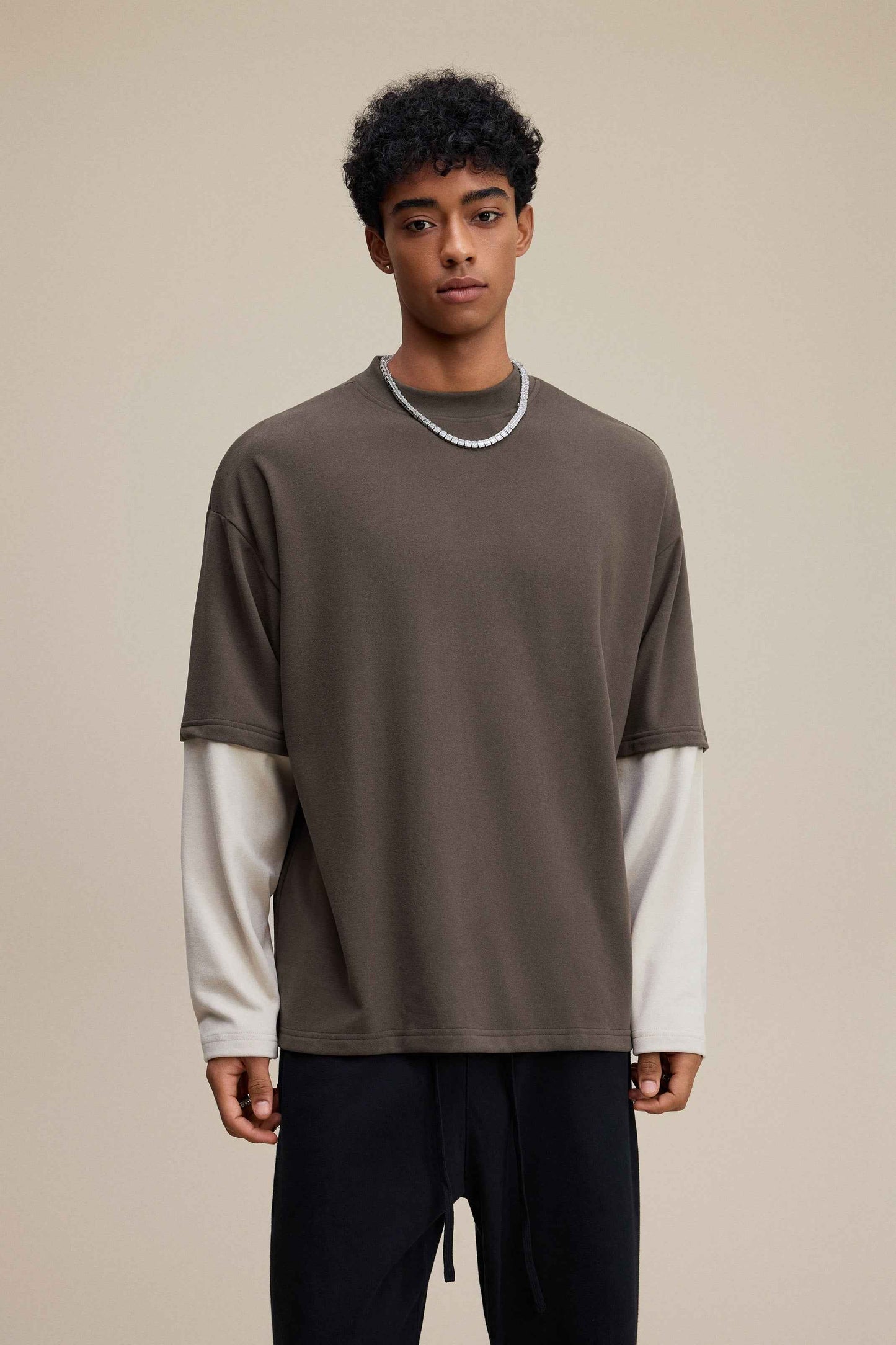 320GSM Unisex Faux Layered Solid Color Base Layer Long-Sleeve Tee