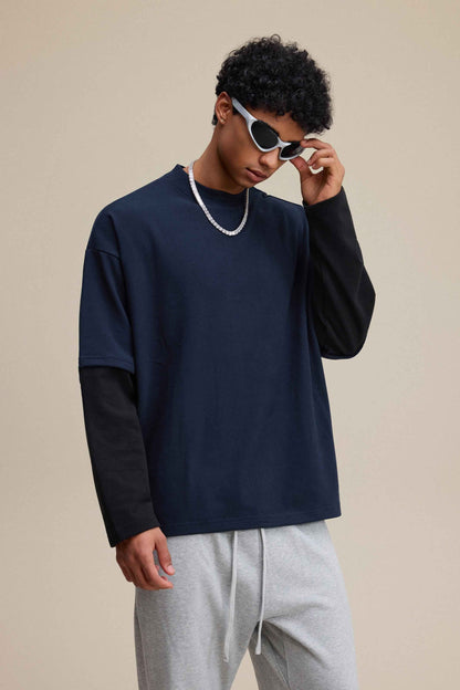 320GSM Unisex Faux Layered Solid Color Base Layer Long-Sleeve Tee