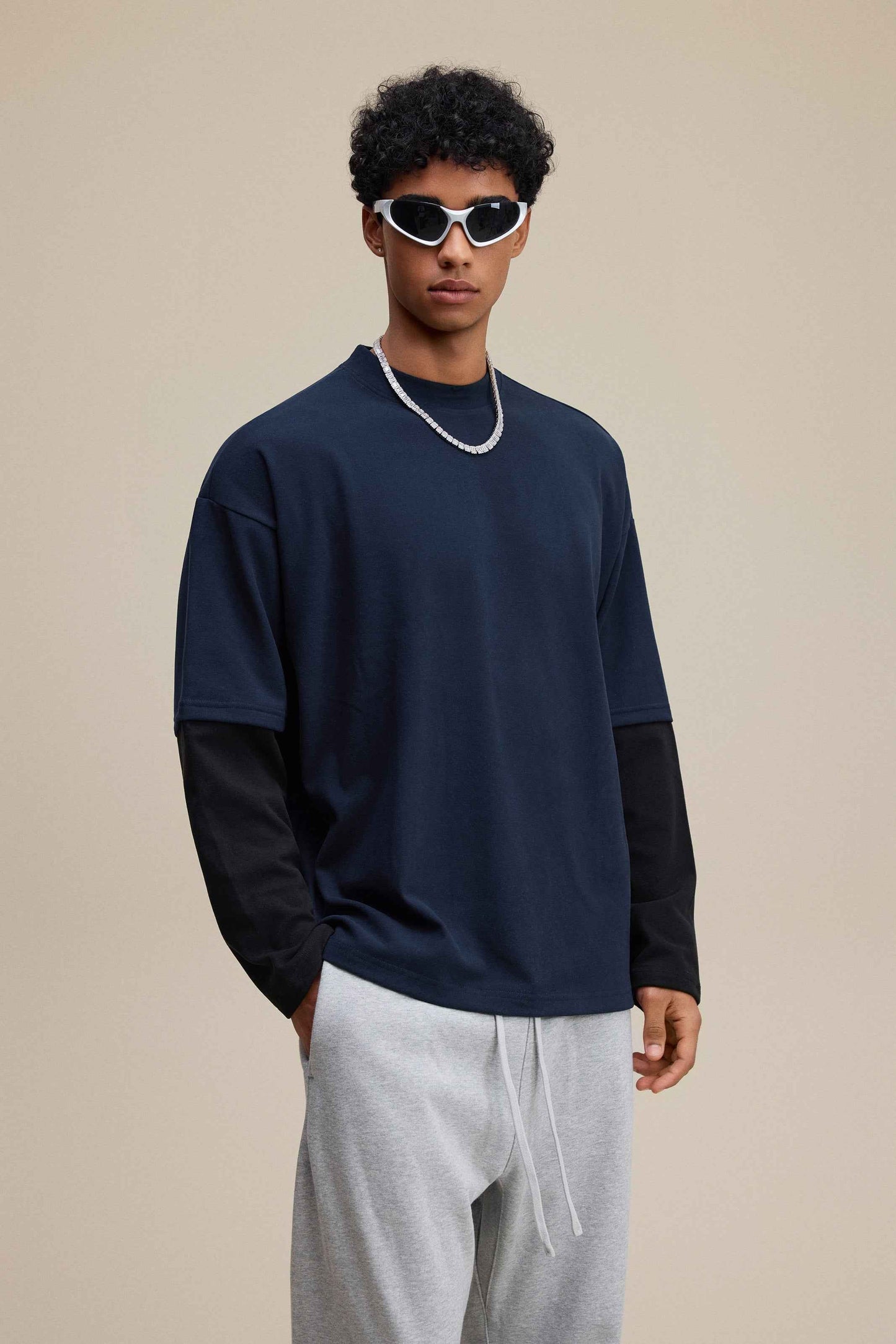 320GSM Unisex Faux Layered Solid Color Base Layer Long-Sleeve Tee
