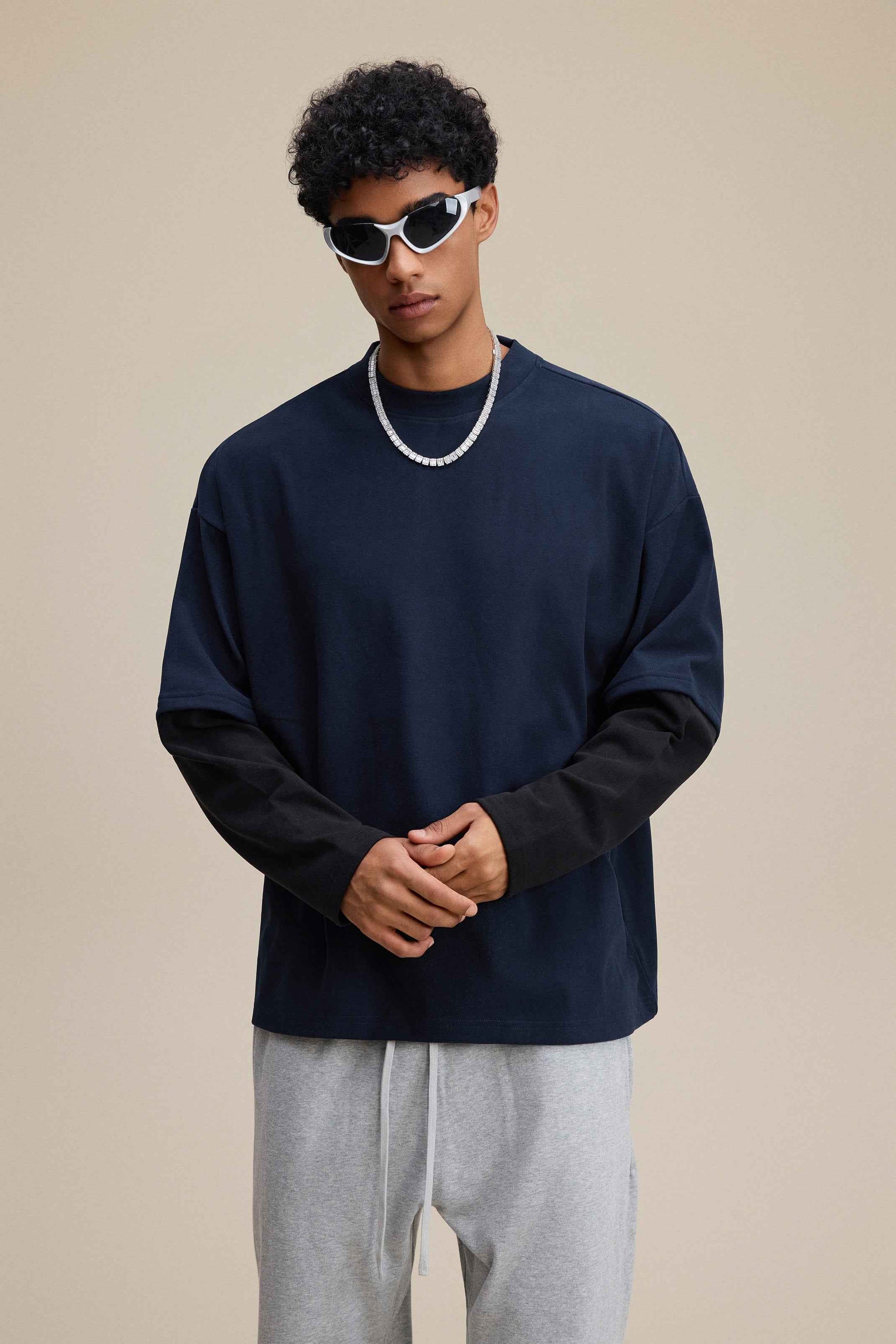 320GSM Unisex Faux Layered Solid Color Base Layer Long-Sleeve Tee