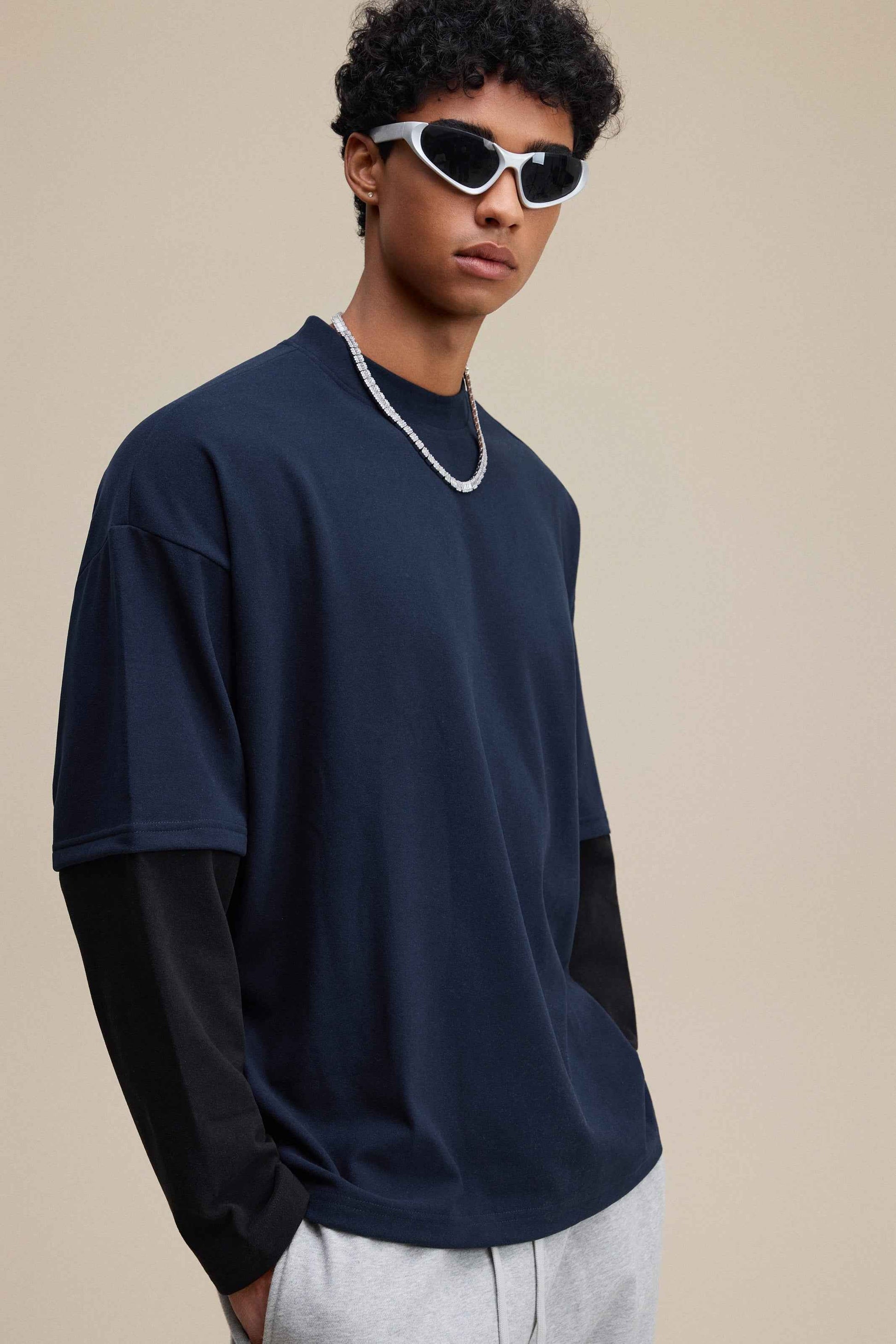 320GSM Unisex Faux Layered Solid Color Base Layer Long-Sleeve Tee