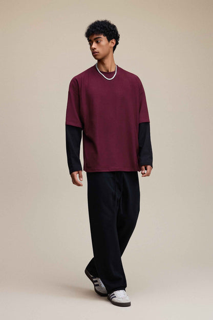 320GSM Unisex Faux Layered Solid Color Base Layer Long-Sleeve Tee