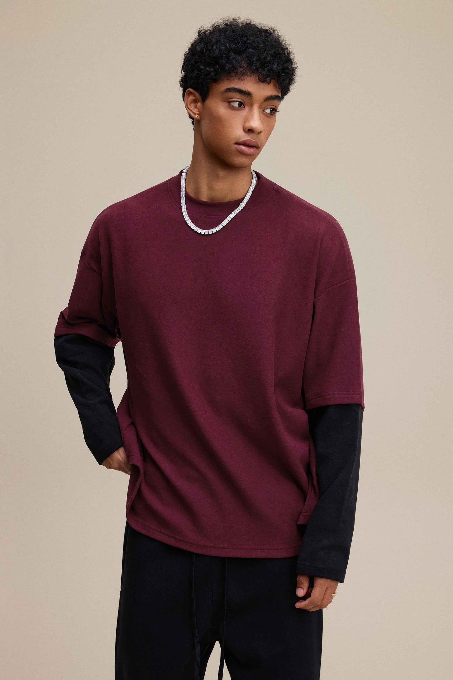 320GSM Unisex Faux Layered Solid Color Base Layer Long-Sleeve Tee