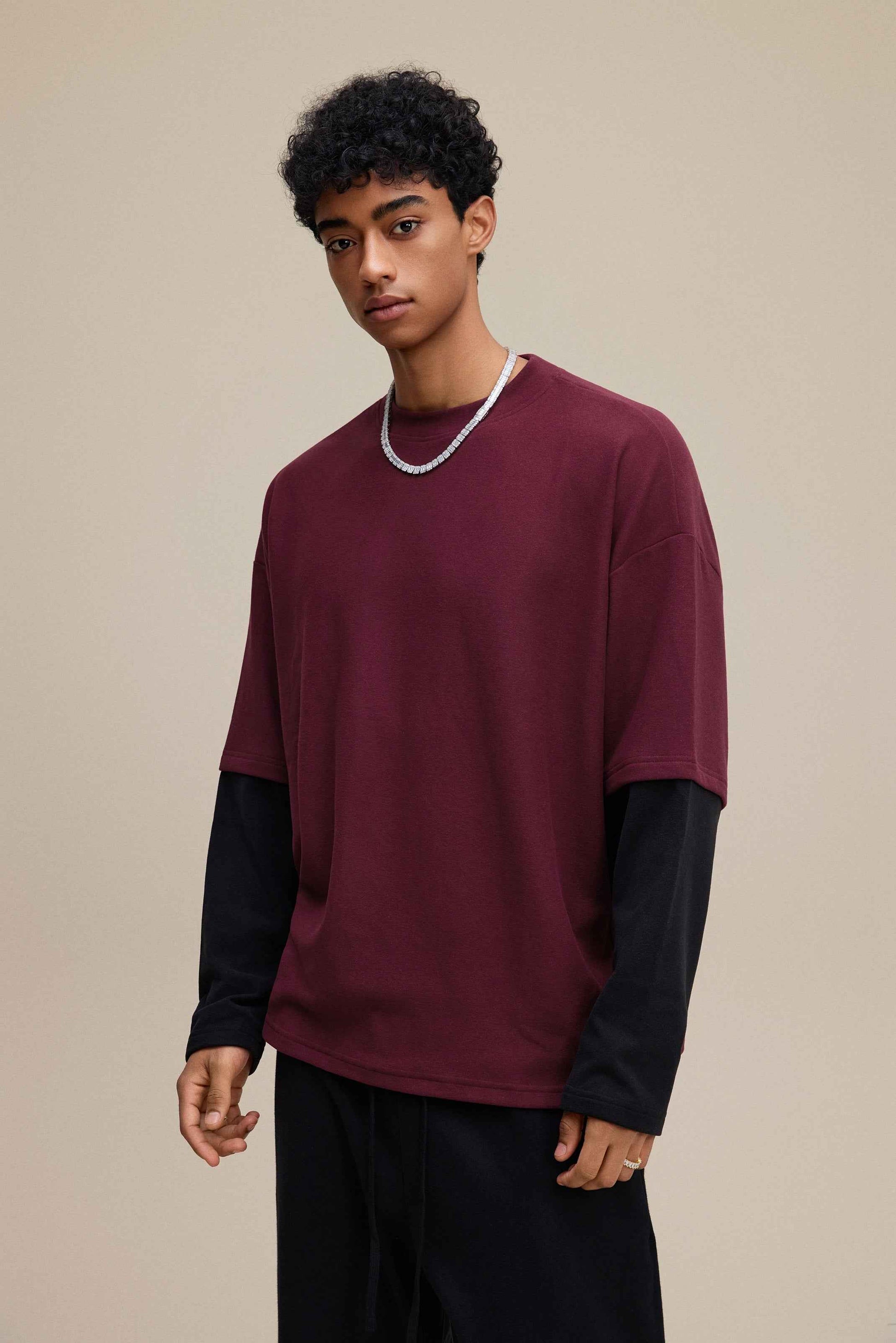 320GSM Unisex Faux Layered Solid Color Base Layer Long-Sleeve Tee