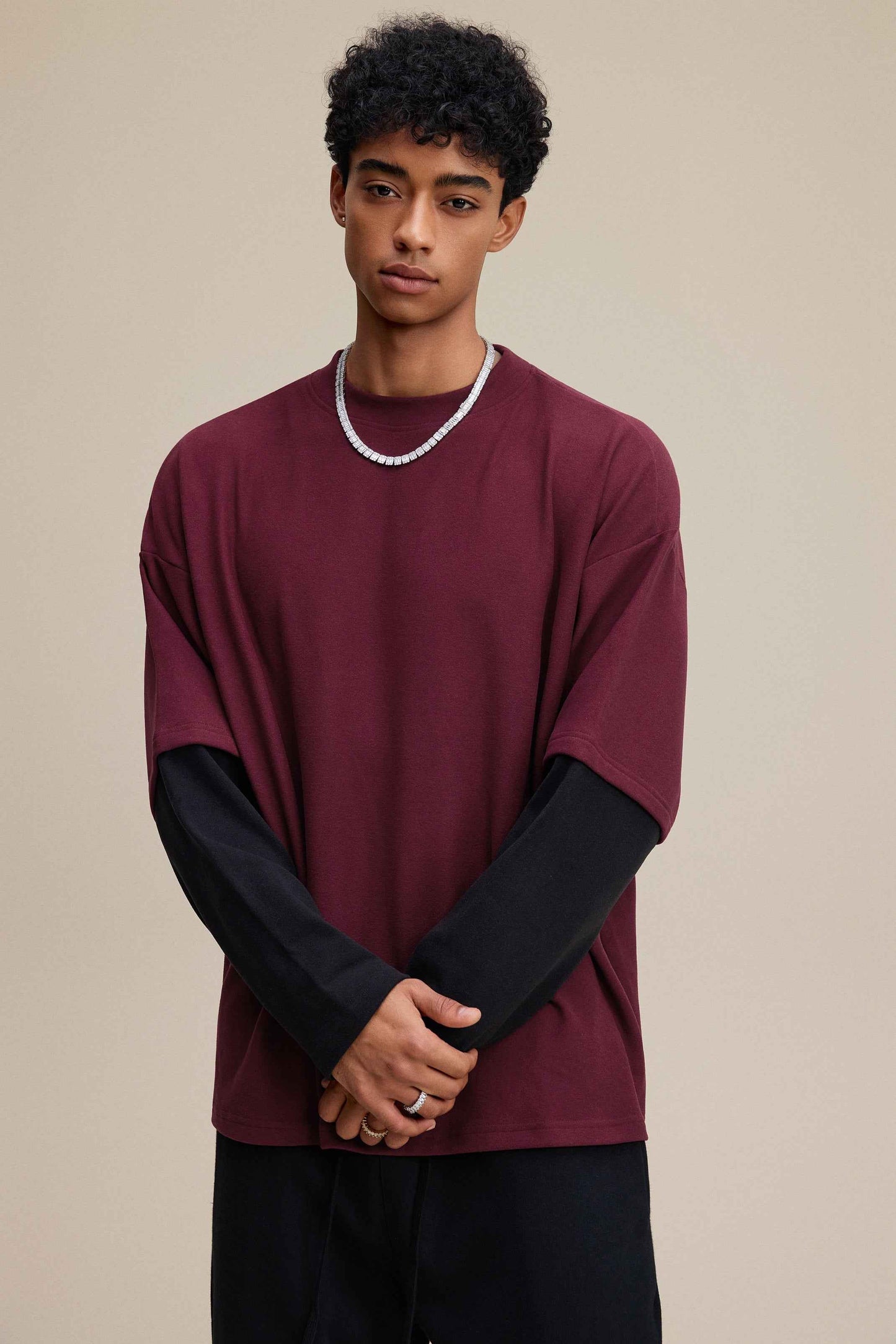 320GSM Unisex Faux Layered Solid Color Base Layer Long-Sleeve Tee