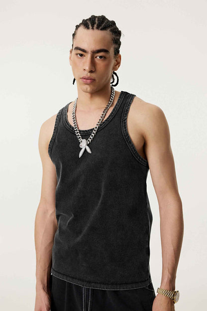 350GSM Men's Fried-Color Stretch Ribbed Muscle Tee