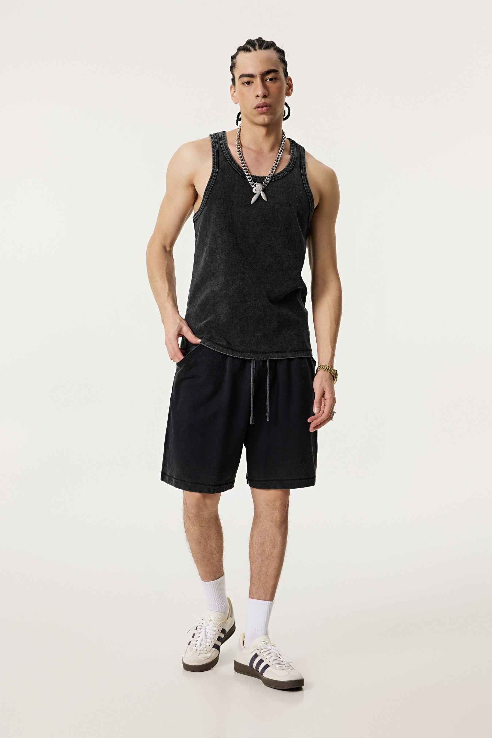350GSM Men's Fried-Color Stretch Ribbed Muscle Tee