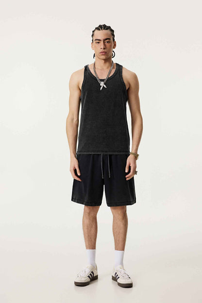350GSM Men's Fried-Color Stretch Ribbed Muscle Tee
