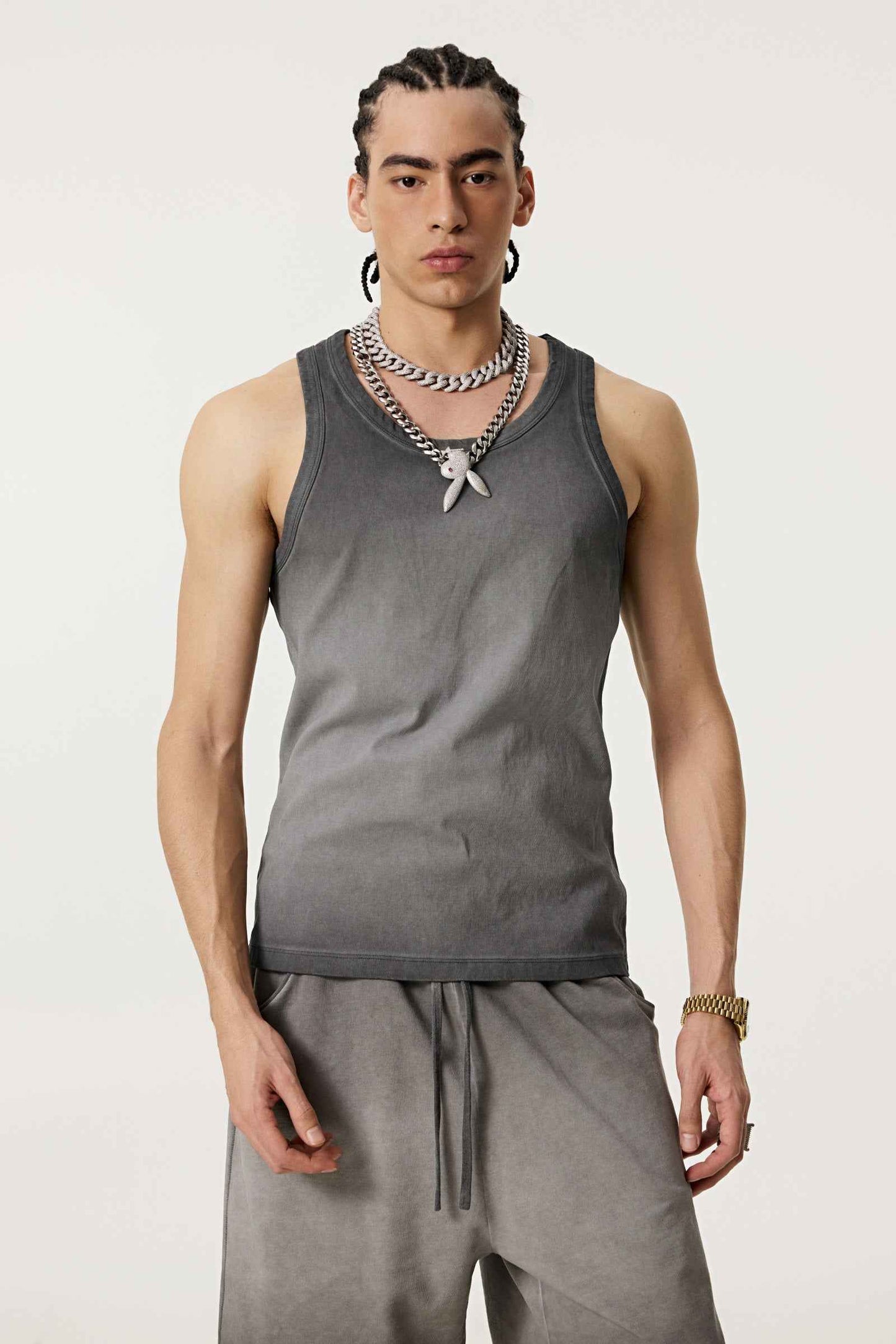 350GSM Men's Fried-Color Stretch Ribbed Muscle Tee