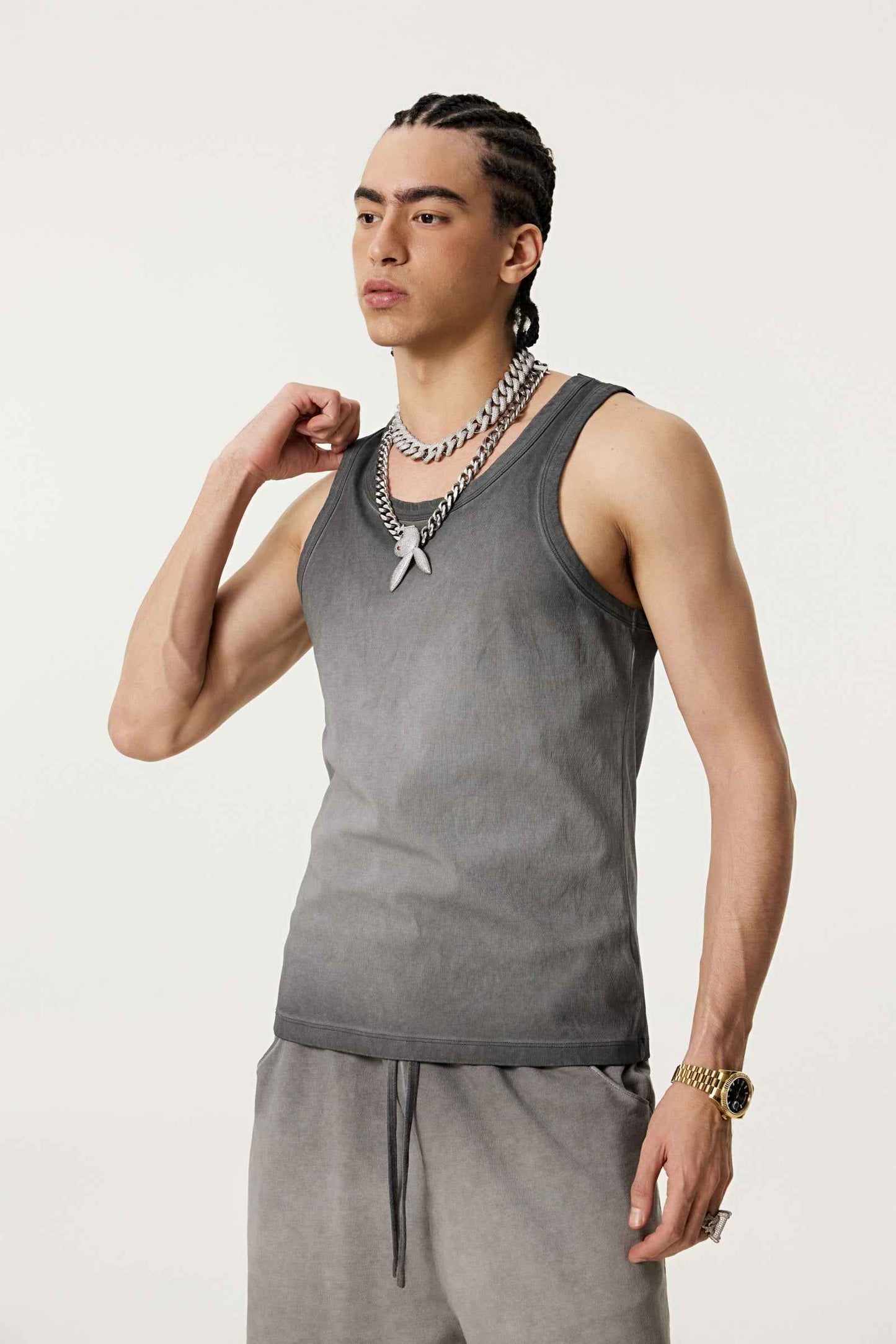350GSM Men's Fried-Color Stretch Ribbed Muscle Tee
