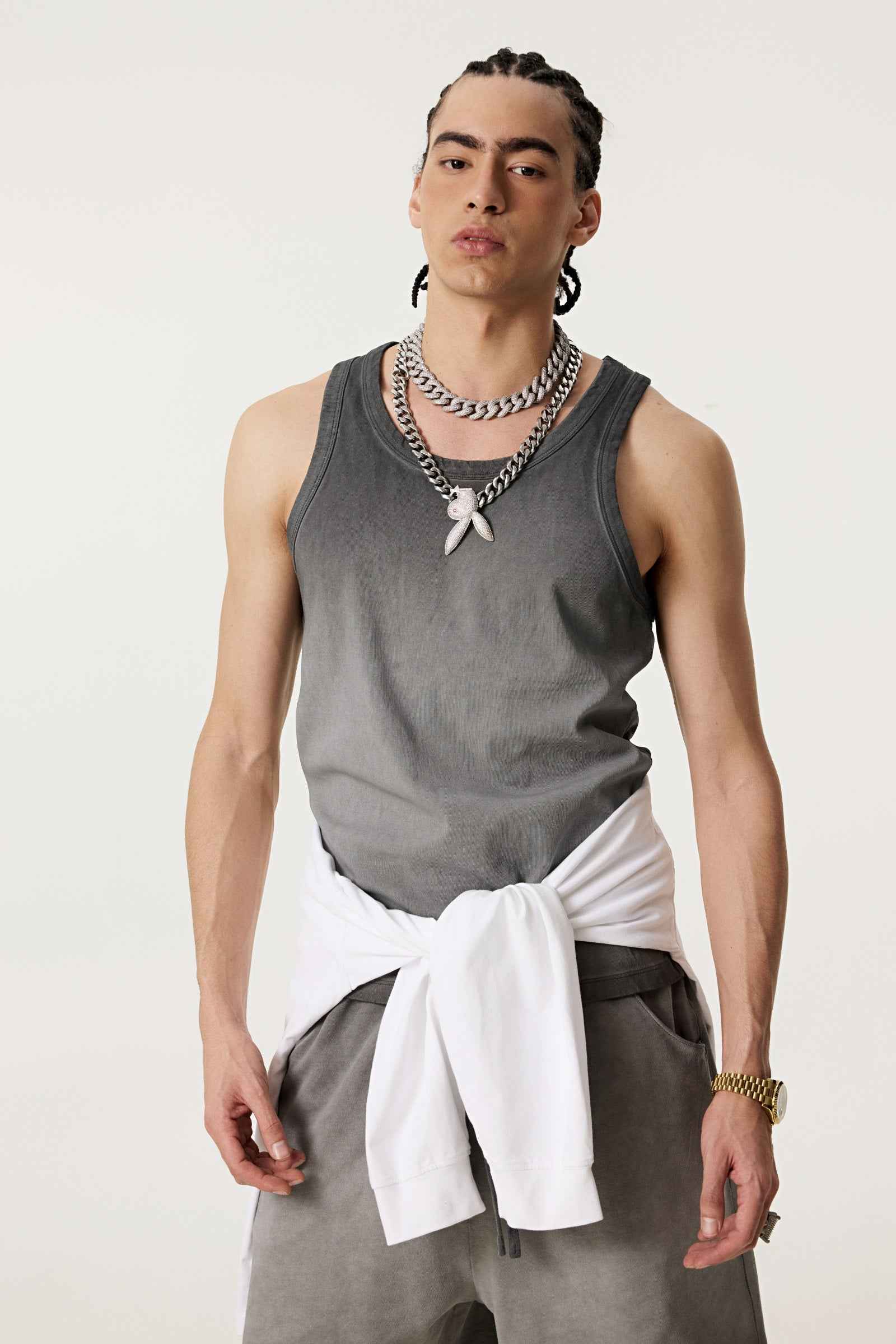 350GSM Men's Fried-Color Stretch Ribbed Muscle Tee