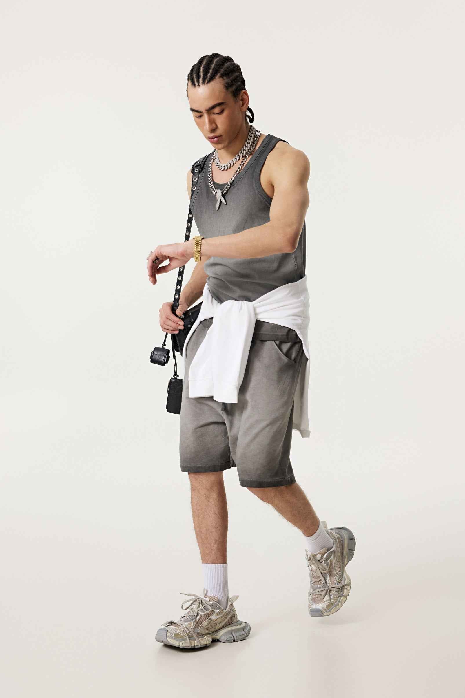 350GSM Men's Fried-Color Stretch Ribbed Muscle Tee