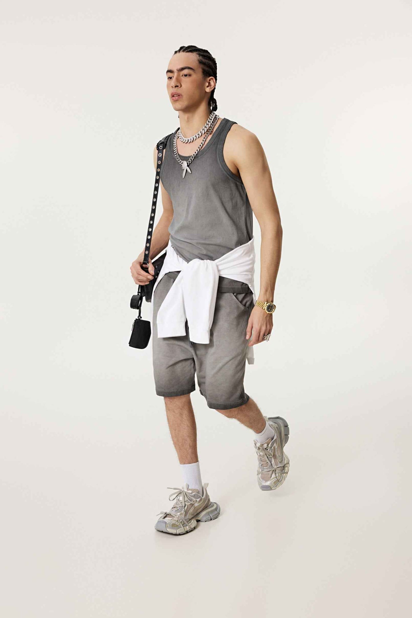 350GSM Men's Fried-Color Stretch Ribbed Muscle Tee