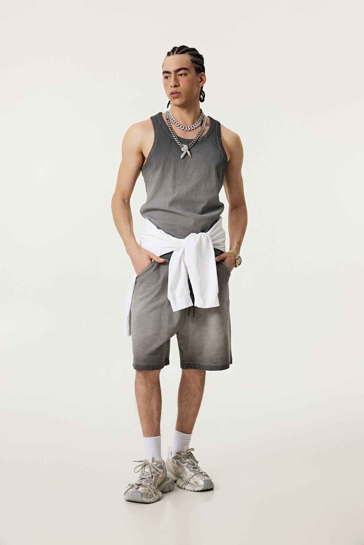 350GSM Men's Fried-Color Stretch Ribbed Muscle Tee