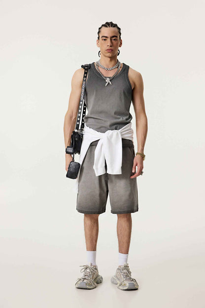 350GSM Men's Fried-Color Stretch Ribbed Muscle Tee