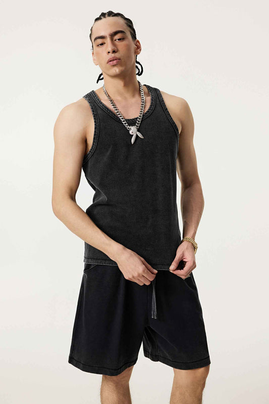 350GSM Men's Fried-Color Stretch Ribbed Muscle Tee