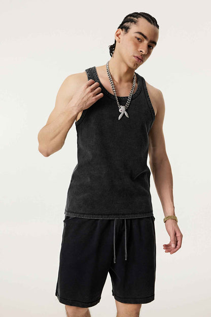350GSM Men's Fried-Color Stretch Ribbed Muscle Tee