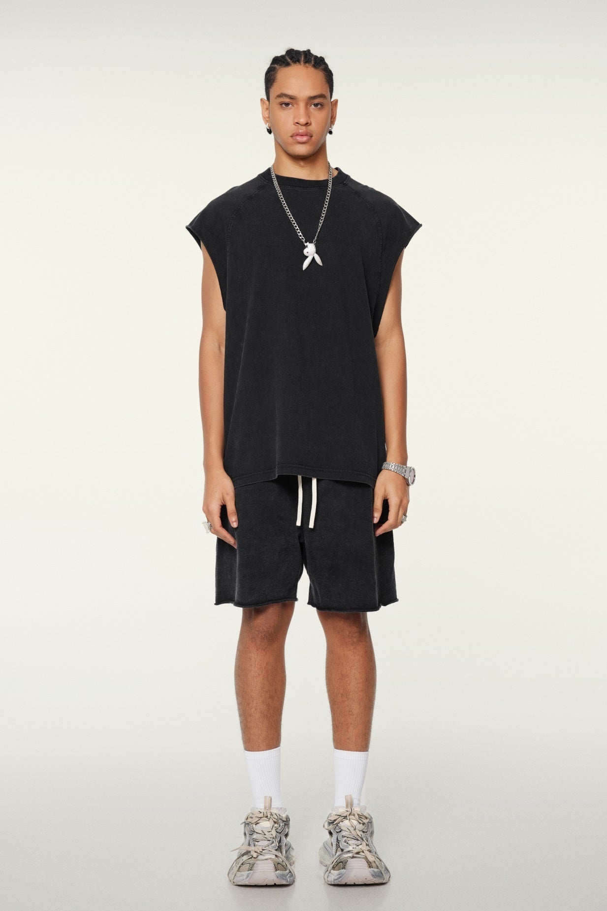 285GSM Men‘s Raglan-Style Snow-Wash Tank Top Black