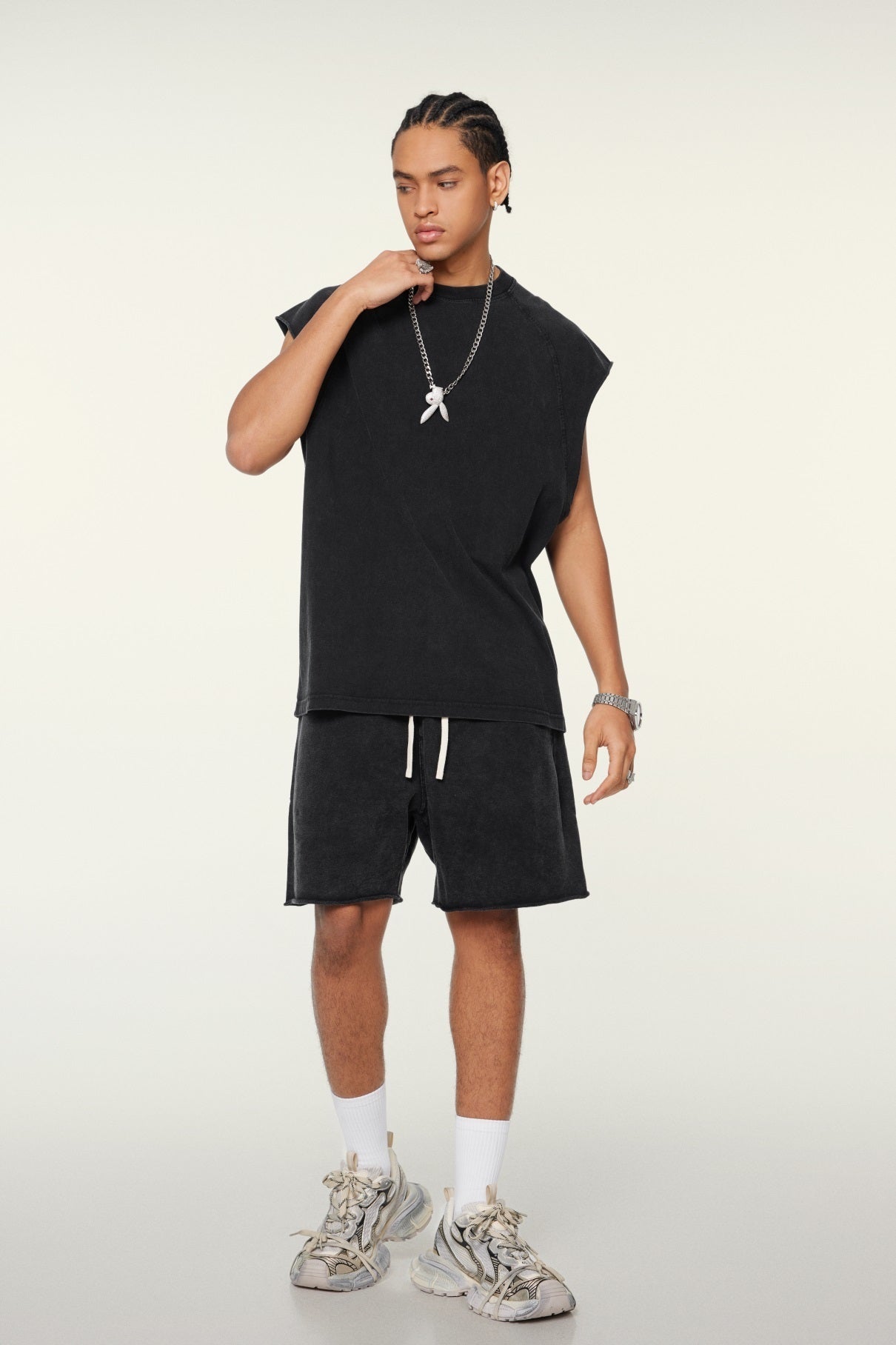 285GSM Men‘s Raglan-Style Snow-Wash Tank Top Black
