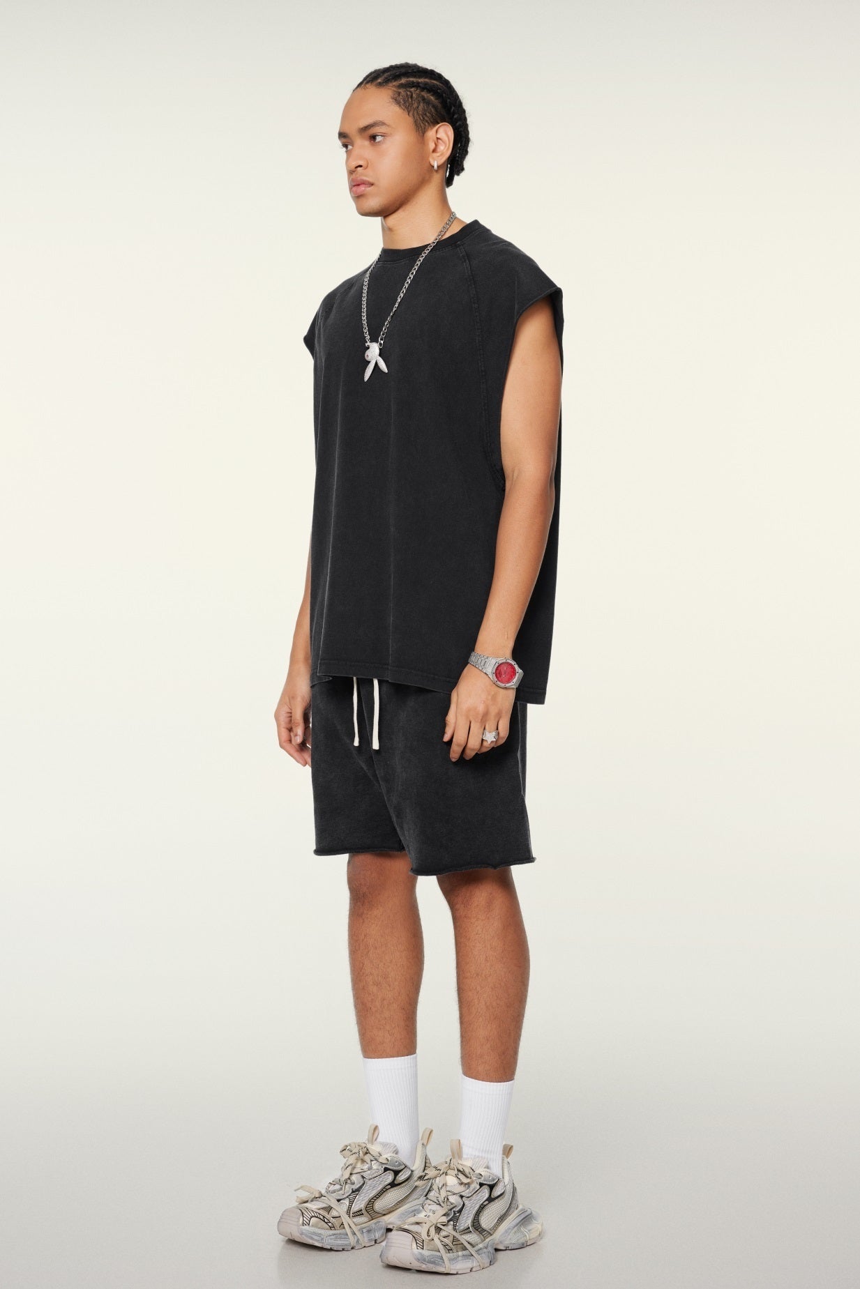 285GSM Men‘s Raglan-Style Snow-Wash Tank Top Black