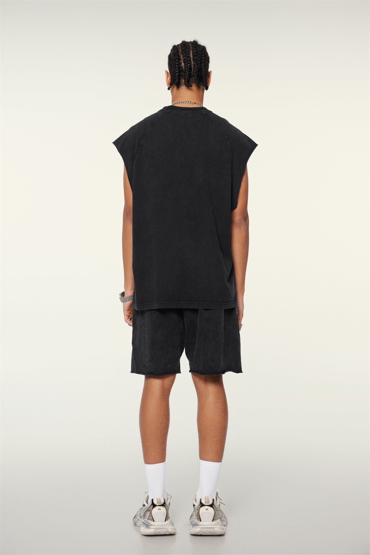 285GSM Men‘s Raglan-Style Snow-Wash Tank Top Black