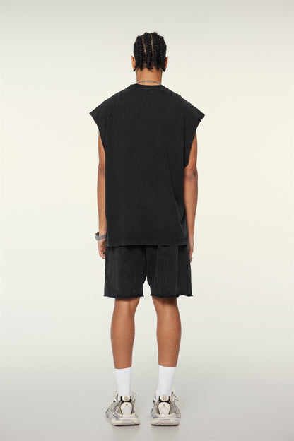 285GSM Men‘s Raglan-Style Snow-Wash Tank Top Black