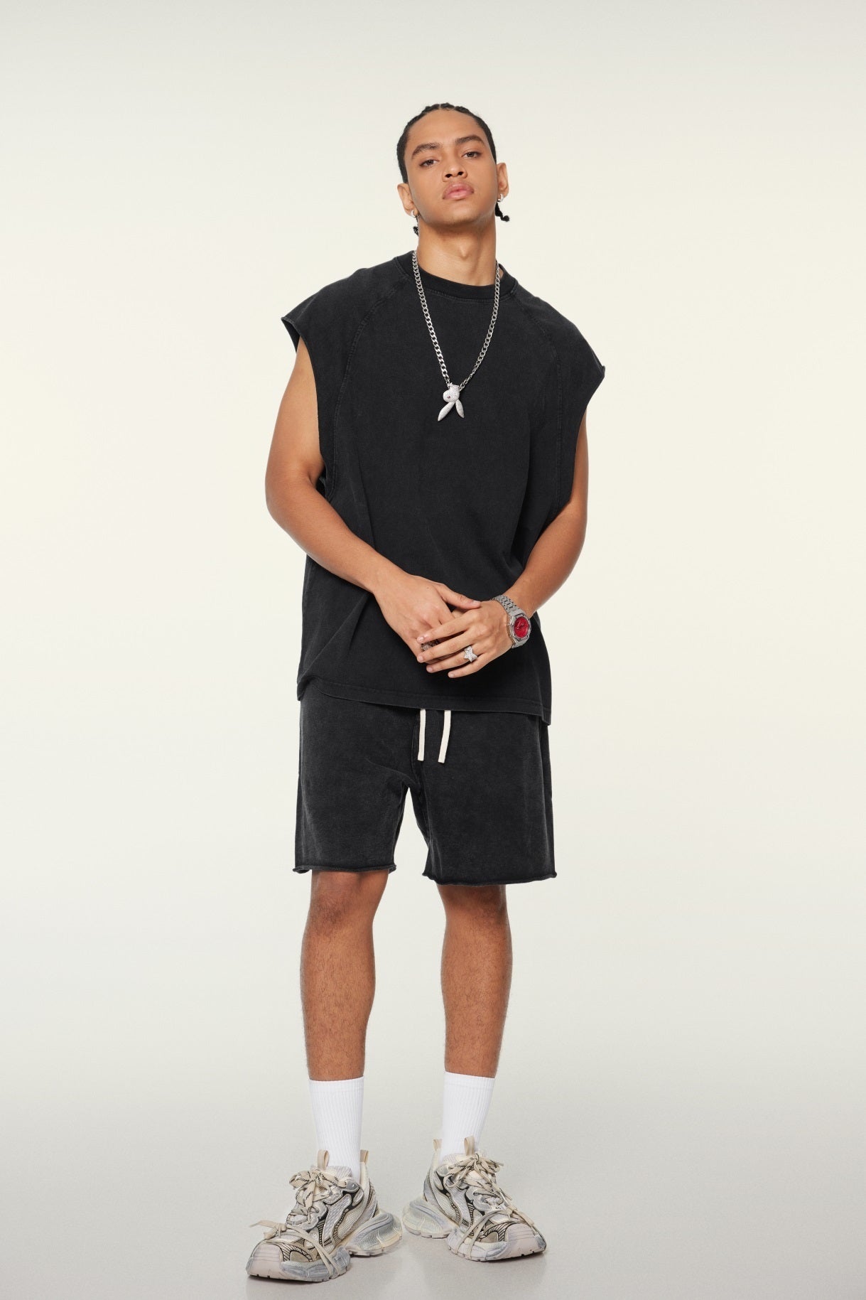 285GSM Men‘s Raglan-Style Snow-Wash Tank Top Black