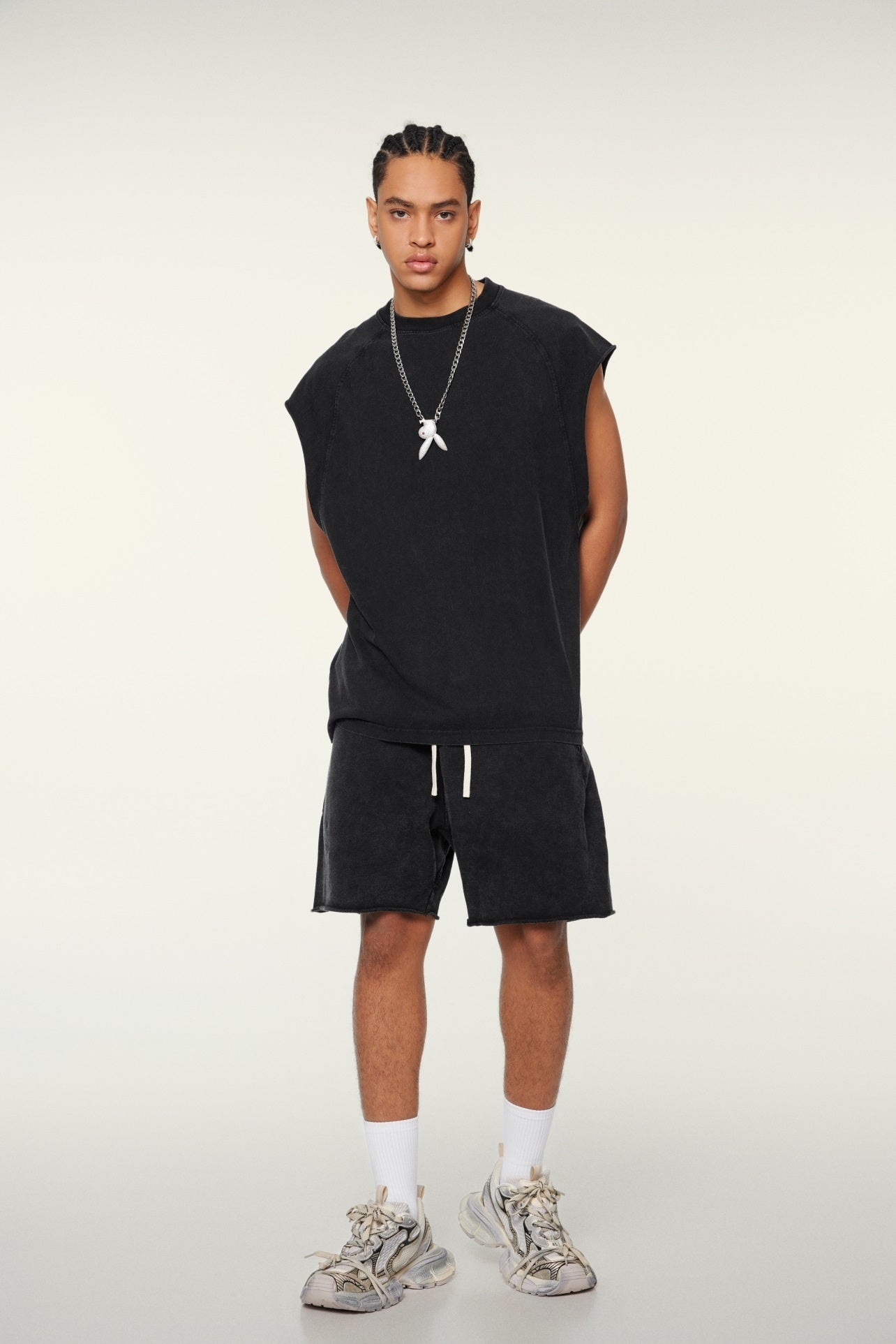 285GSM Men‘s Raglan-Style Snow-Wash Tank Top Black