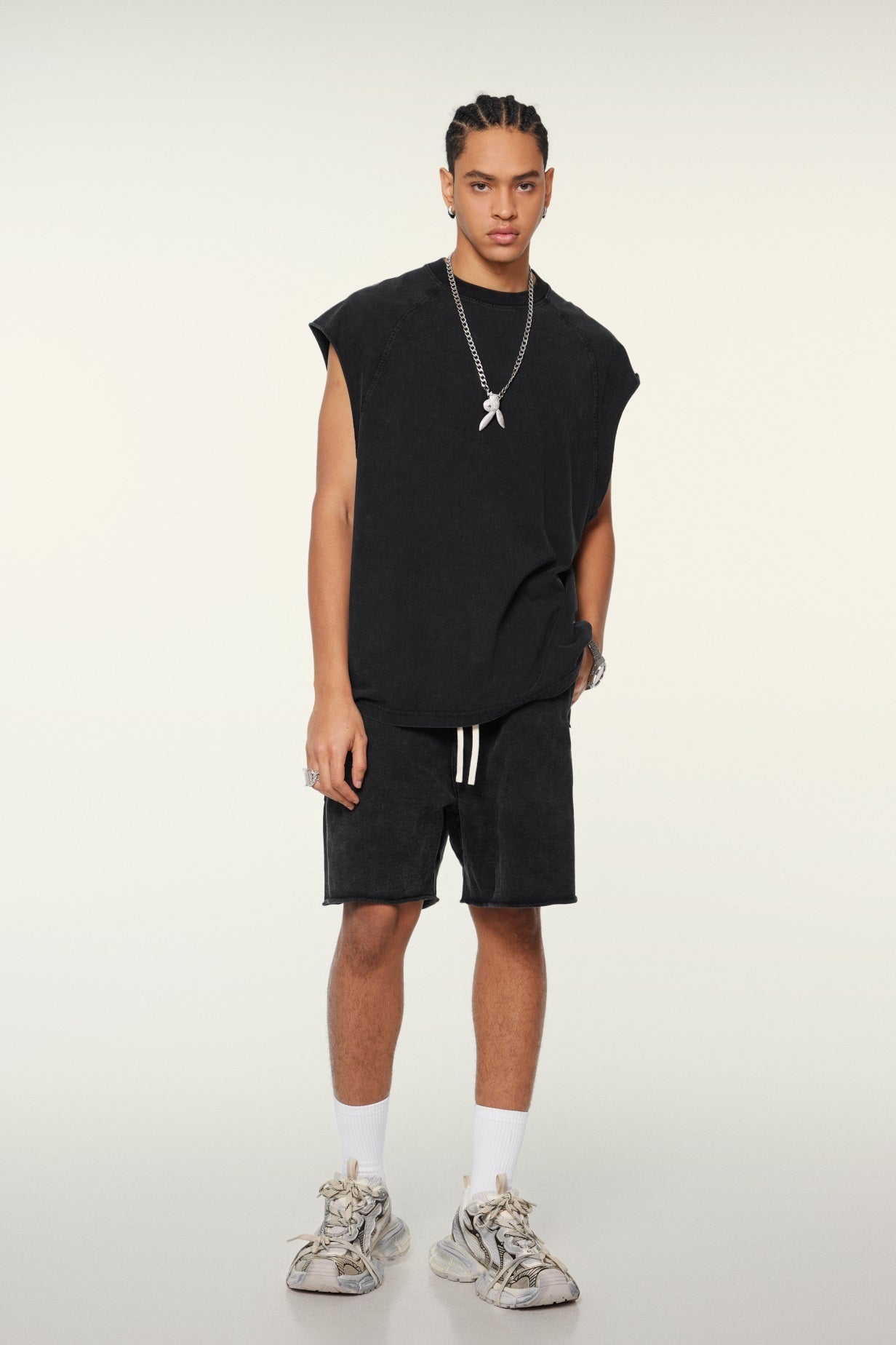 285GSM Men‘s Raglan-Style Snow-Wash Tank Top Black