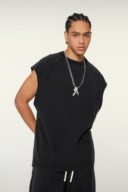 285GSM Men‘s Raglan-Style Snow-Wash Tank Top Black