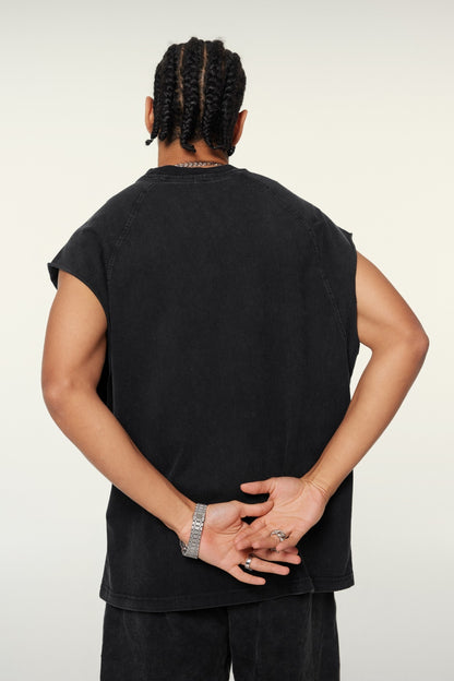 285GSM Men‘s Raglan-Style Snow-Wash Tank Top Black