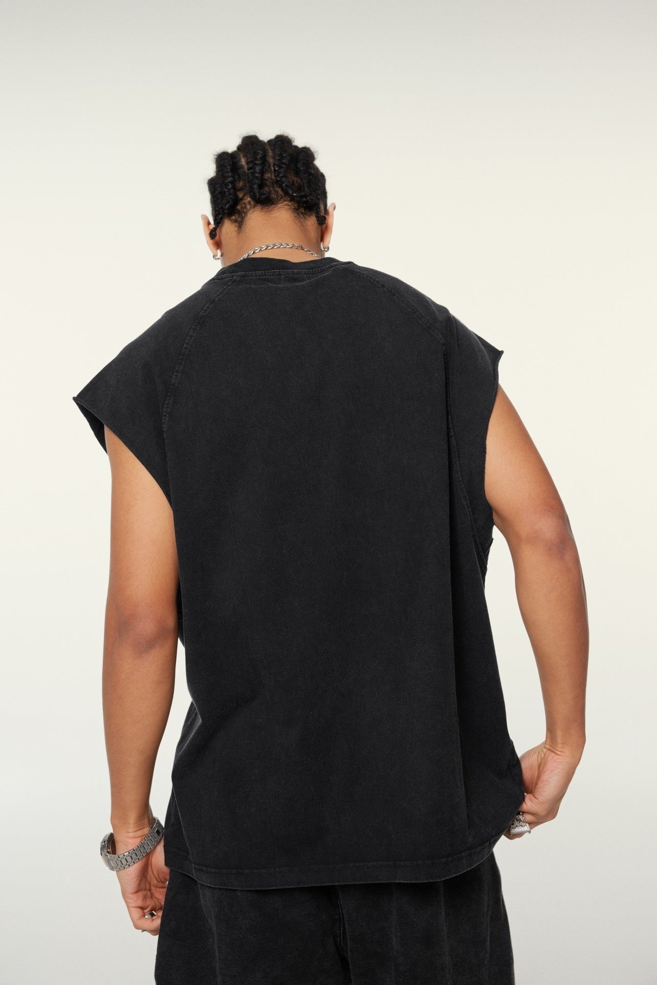 285GSM Men‘s Raglan-Style Snow-Wash Tank Top Black