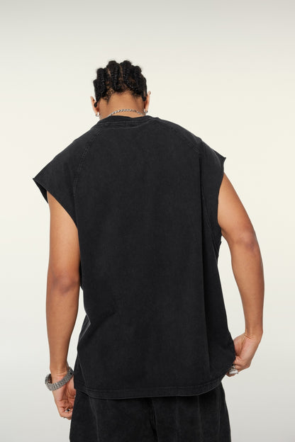 285GSM Men‘s Raglan-Style Snow-Wash Tank Top Black
